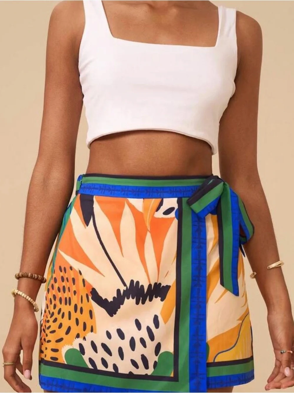 Tropical Print Wrap Mini Skirt with Blue & Green Trim